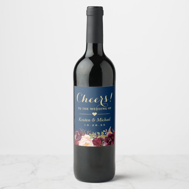 Burgundy Floral Navy Blue | Cheers To The Wedding Wine Label (Front)
