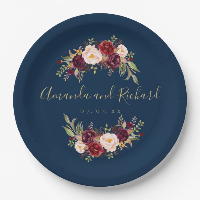Burgundy Floral Navy Blue Gold Engagement Party Paper Plate (Front)