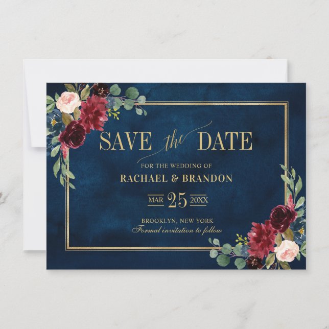 Burgundy Floral Navy Blue Gold Frame Save the Date (Front)