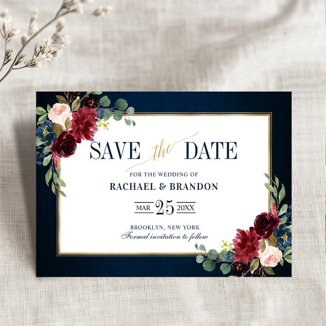 Burgundy Floral Navy Blue Gold Frame Save the Date (Burgundy Floral Navy Blue Gold Frame Save the Date)