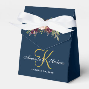 Burgundy Floral Navy Blue Gold Monogram Wedding Favor Box