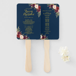Burgundy Floral Navy Blue Gold Wedding Program Hand Fan