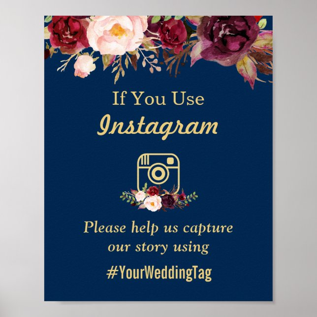 Burgundy Floral Navy Blue Instagram Wedding Sign (Front)
