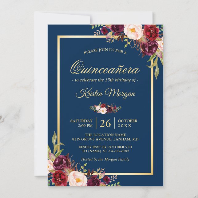 Burgundy Floral Navy Blue Quinceanera Birthday Invitation (Front)