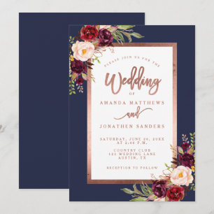 Burgundy Floral Navy Blue Rose Gold Script Wedding Invitation