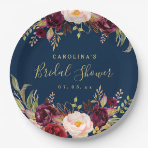 Burgundy Floral Navy Blue Rustic Bridal Shower Paper Plate