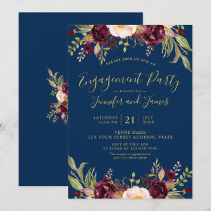 Burgundy Floral Navy Blue Rustic Engagement Party Invitation