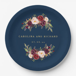 Burgundy Floral Navy Blue Rustic Wedding Shower Paper Plate