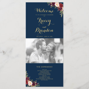 Burgundy Floral Navy Blue Script Photo Wedding Program