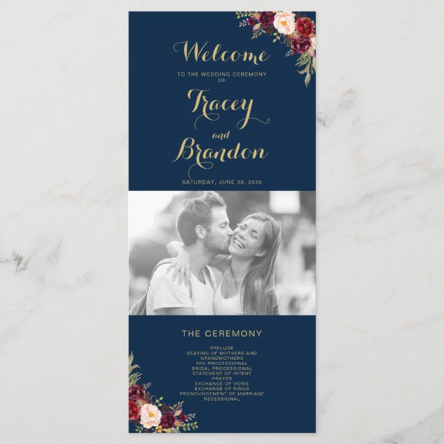 Burgundy Floral Navy Blue Script Photo Wedding Program (Front)
