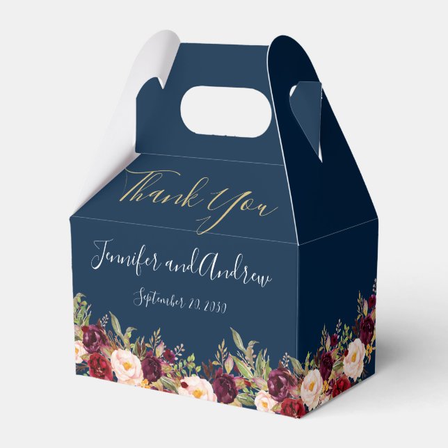 Burgundy Floral Navy Blue Script Rustic Wedding Favor Box (Front Side)
