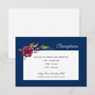 Burgundy Floral Navy Blue Wedding Reception Invitation