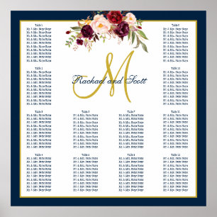 Burgundy Floral Navy Blue Wedding Seating Chart