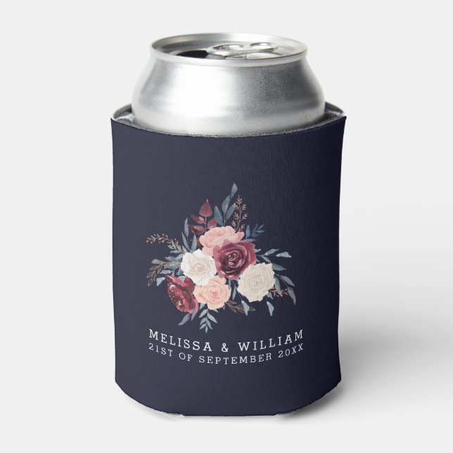 Burgundy Floral Navy Bride and Groom Wedding Can Cooler (Can Front)