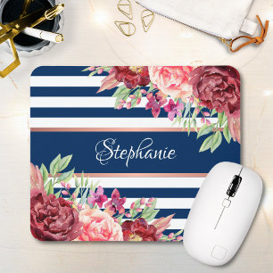Burgundy Floral Navy Stripes Monogram Name Mouse Pad