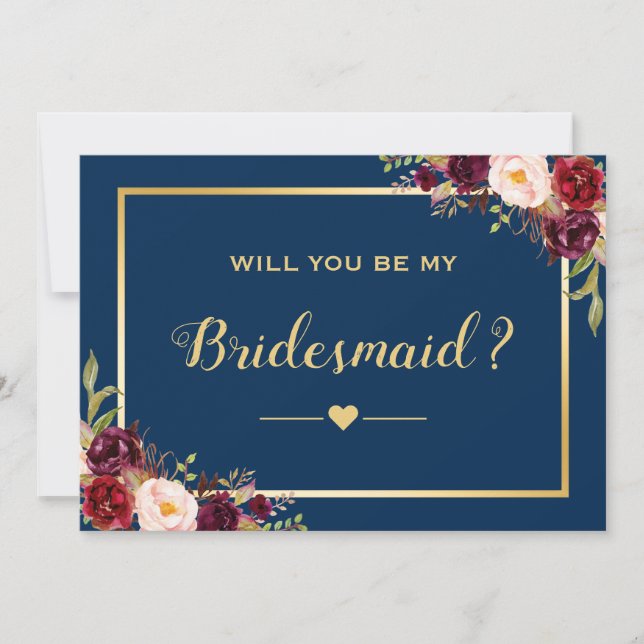 Burgundy Floral Navy Will You Be My Bridesmaid Invitation (Front)