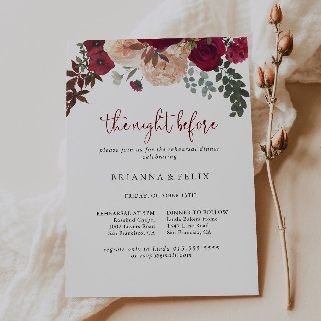 Burgundy Floral Night Before Rehearsal Dinner  Invitation (Creator Uploaded)