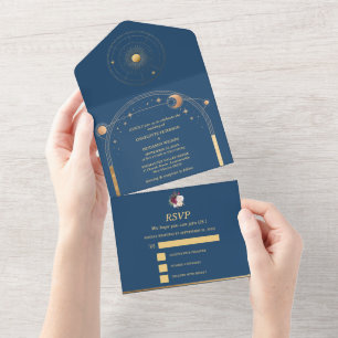 Burgundy Floral Night Sky Celestial Wedding  All In One Invitation