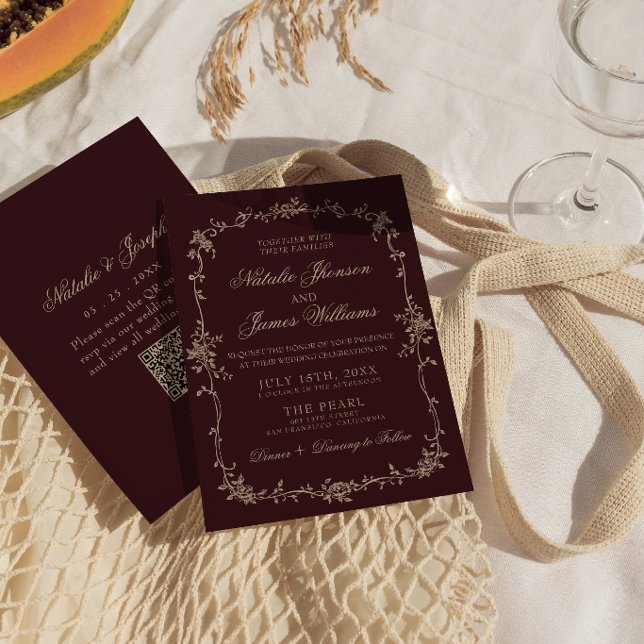 Burgundy Floral Old Money Boho QR Code Wedding Invitation (Creator Uploaded)