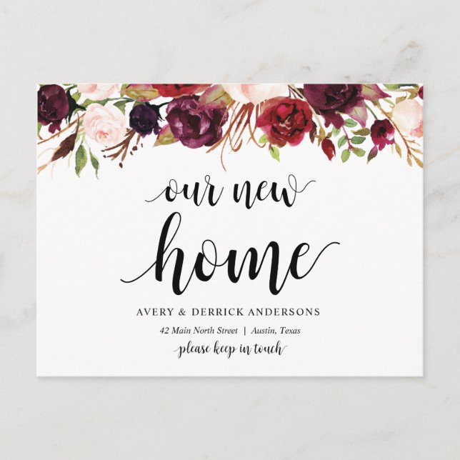 Burgundy floral, Our New Home Address Announcement Postcard (Front)