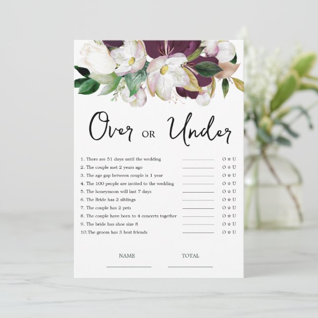  Burgundy Floral Over or Under Bridal Shower Game  Invitation (Standing Front)