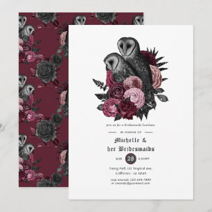 Burgundy Floral Owls Gothic Bridesmaids Luncheon Invitation