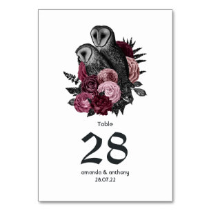 Burgundy Floral Owls Gothic Wedding Table Number