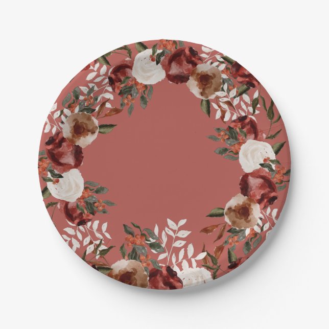 Burgundy Floral Paper Plate  (Front)