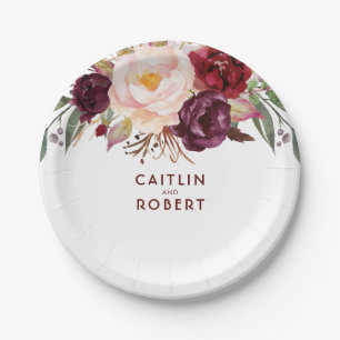 Burgundy Floral Paper Plate