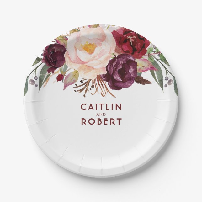 Burgundy Floral Paper Plate (Front)