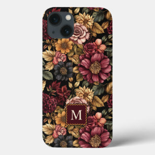 Burgundy Floral Pattern Monogram iPhone 13 Case