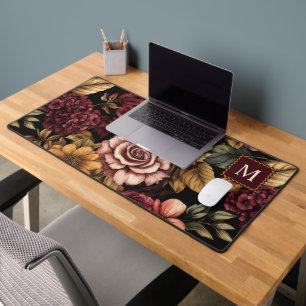 Burgundy Floral Pattern Monogram Desk Mat