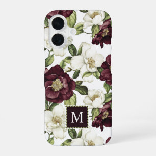 Burgundy Floral Pattern Monogram iPhone 16 Case