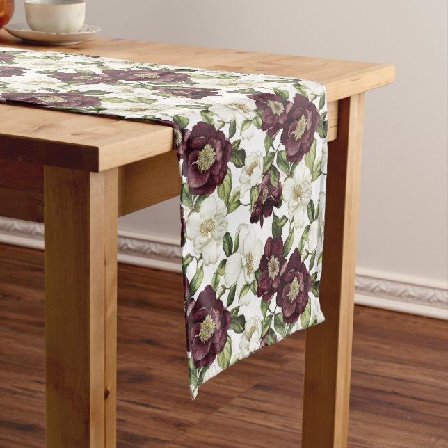 Burgundy  Floral Pattern  Short Table Runner (In Situ)