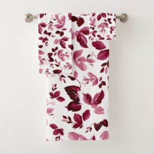Burgundy Floral Pattern Watercolor Bath Towel