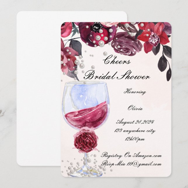 burgundy floral pearls bridal shower invitation (Front/Back)