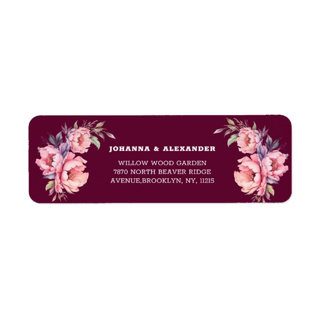 Burgundy Floral Peony Wedding Return Address Label (Front)