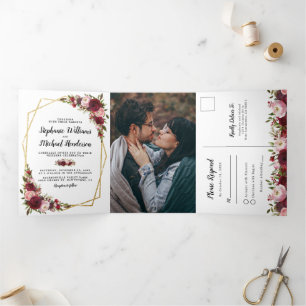 Burgundy Floral Photo All in One Wedding Tri-Fold Invitation