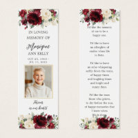 Burgundy Floral Photo Funeral Memorial Bookmark