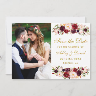 Burgundy Floral Photo Gold Save The Date W