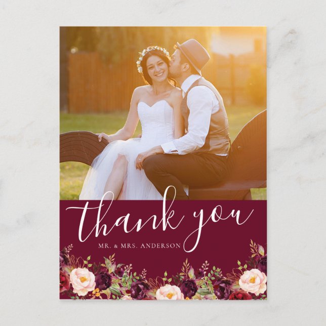 Burgundy Floral Photo Rustic Wedding Thank You Postcard (Front)