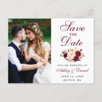 Burgundy Floral Photo Save The Date