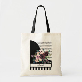 Burgundy floral piano personalized tote bag