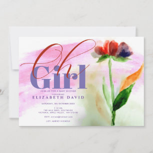 Burgundy Floral Pink Abstract Baby Girl Shower Invitation