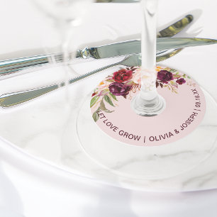 Burgundy Floral Pink Wedding Wine Glass Tag