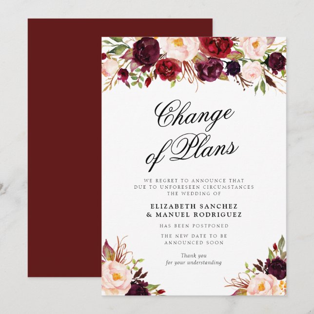 burgundy floral postponed wedding card (Front/Back)