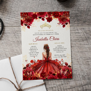 Burgundy Floral Princess Gold Quinceanera Invitation