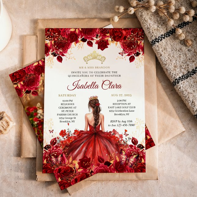 Burgundy Floral Princess Gold Quinceanera Invitation (Creator Uploaded)