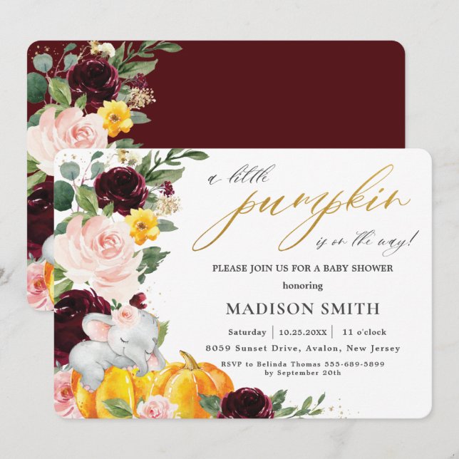 Burgundy Floral Pumpkin Elephant Baby Shower    Invitation (Front/Back)