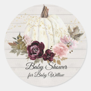Burgundy Floral Pumpkin Gold Wooden Baby Shower Classic Round Sticker